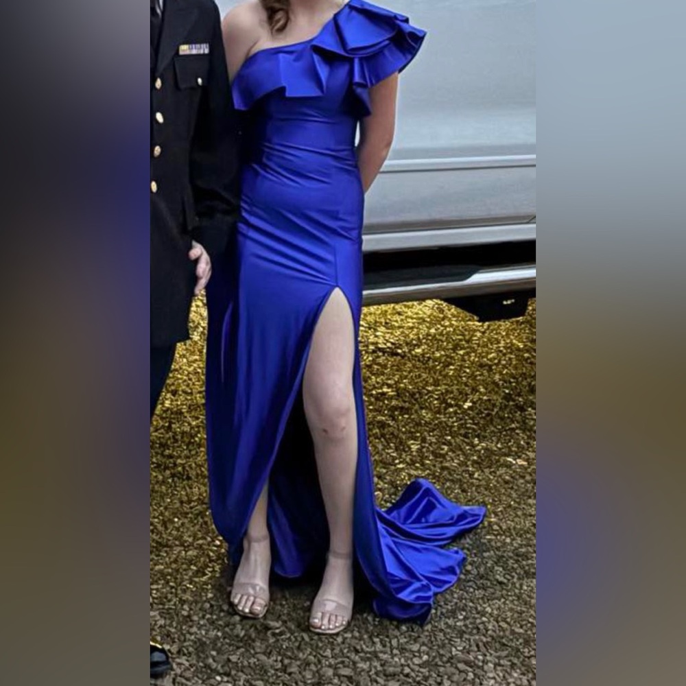 Royal Blue One-Shoulder Gown with Ruffle Detail